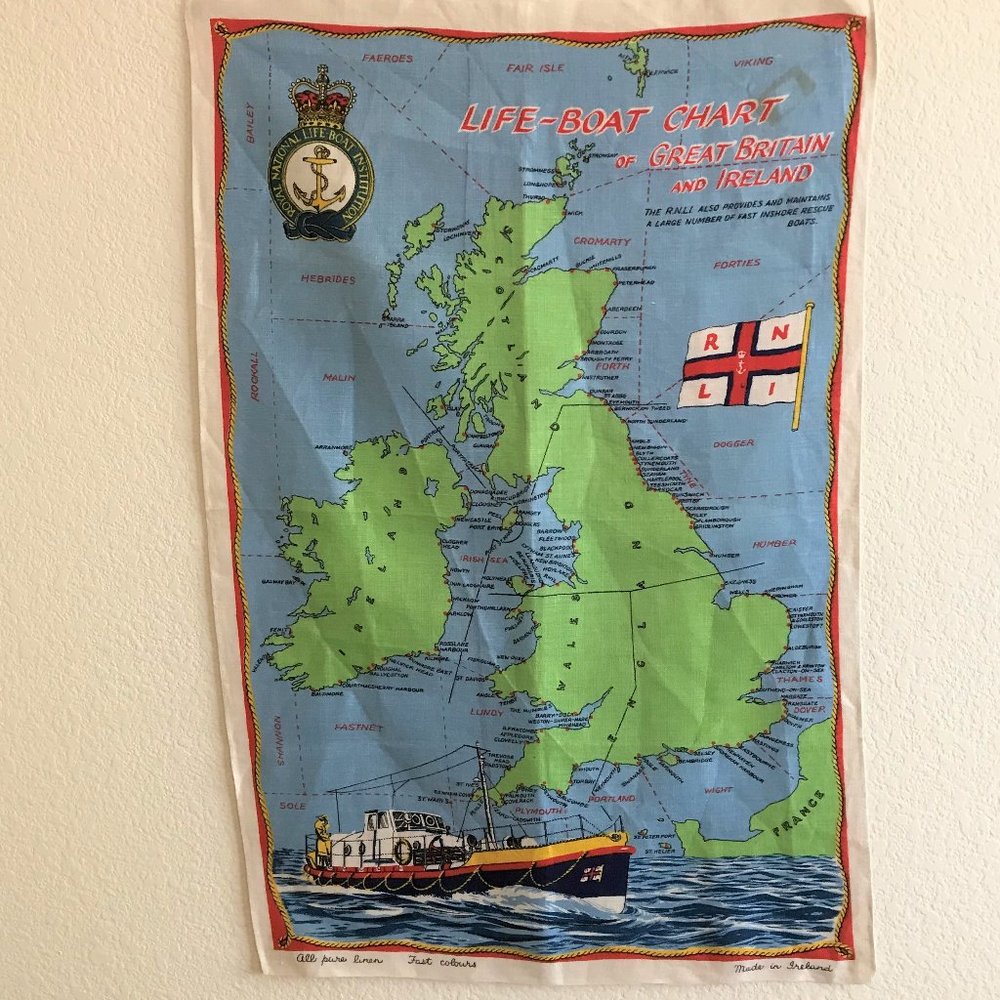 Life-Boat Chart of Great Britain tea towel VINTAGE